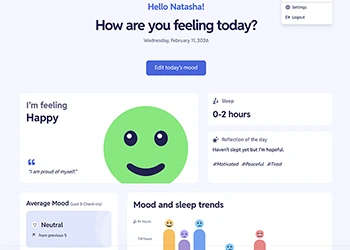 Mood Tracker app showing a mood entry wizard and trend charts